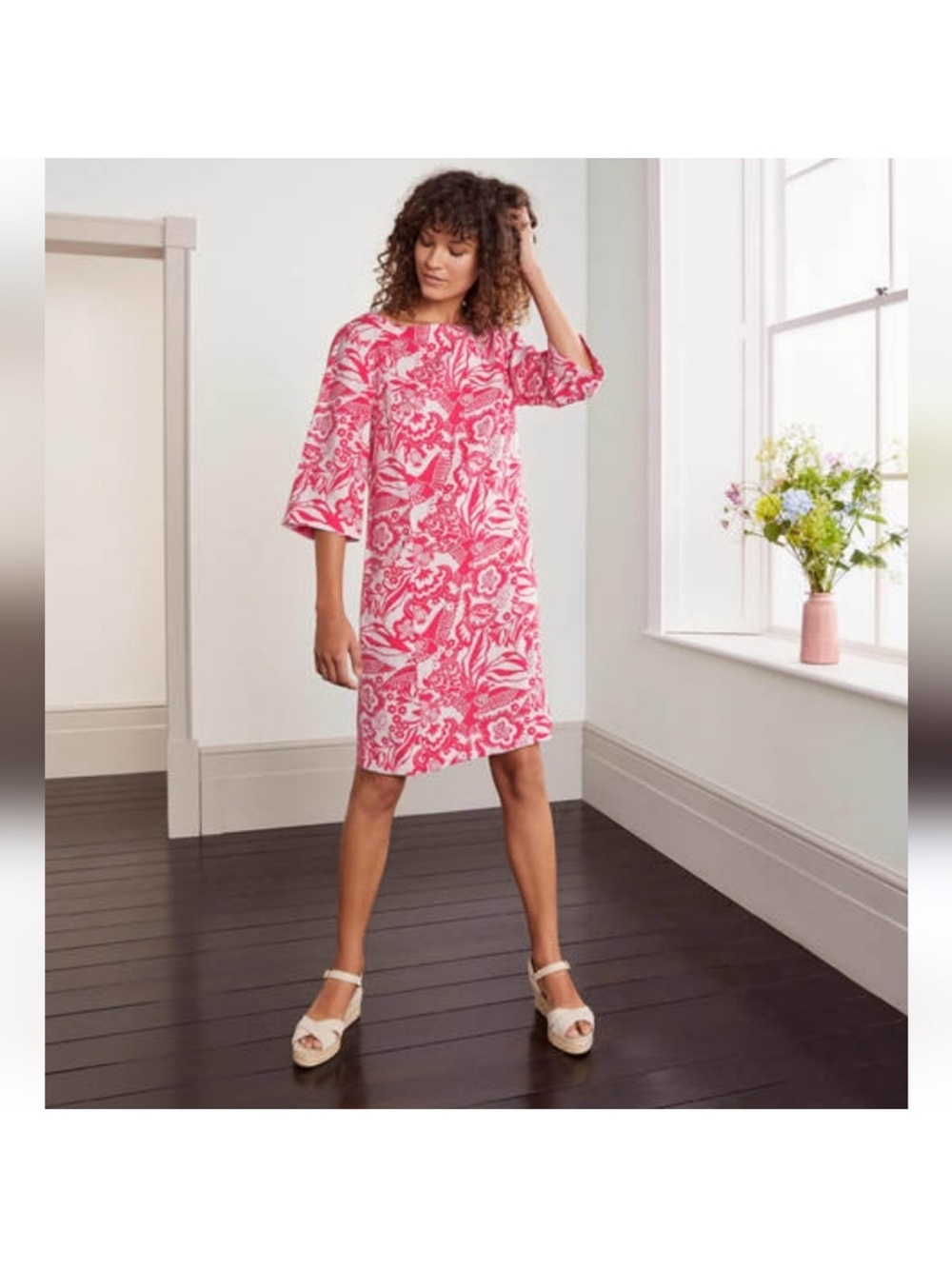 Boden Laurie White Pink Pockets Linen Shift Dress Size 8 Pockets 3/4 Sleeves